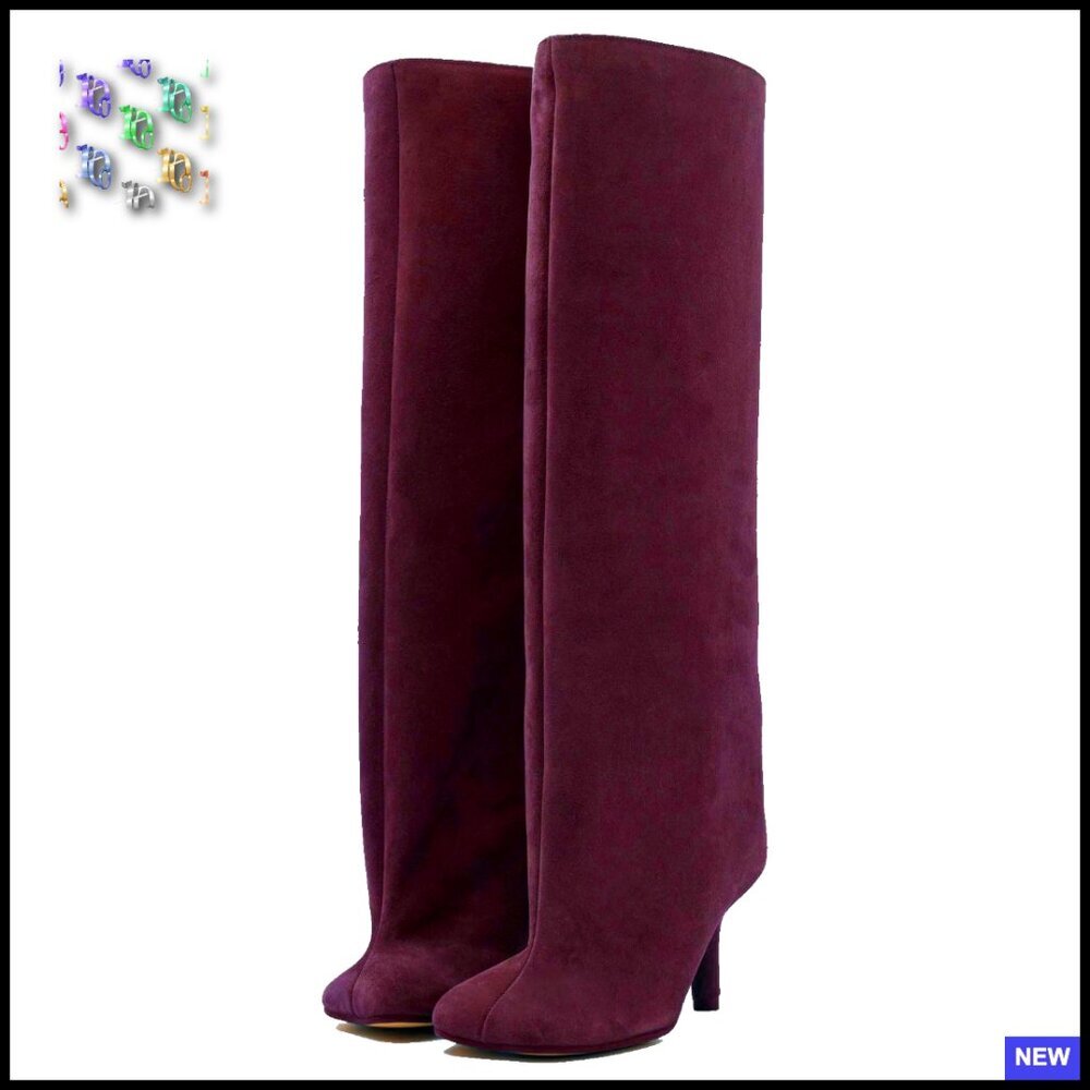 Knee High Suede Boots Wide Calf Square Toe Stiletto Heel Pull On Chic